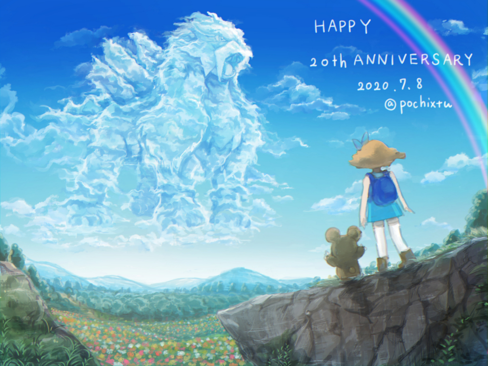 1girl 2020 2others anniversary artist_request back blonde_hair blue_sky cloud cloudy_sky dated dress entei eyelashes field flower flower_field forest full_body gen_2_pokemon hair_ornament legendary_pokemon looking_at_another molly_hale multiple_others nature nintendo pokemon pokemon_(anime) pokemon_(classic_anime) pokemon_(creature) pokemon_3:_the_movie_-_spell_of_the_unown:_entei short_sleeves sky smile teddiursa title twitter_username