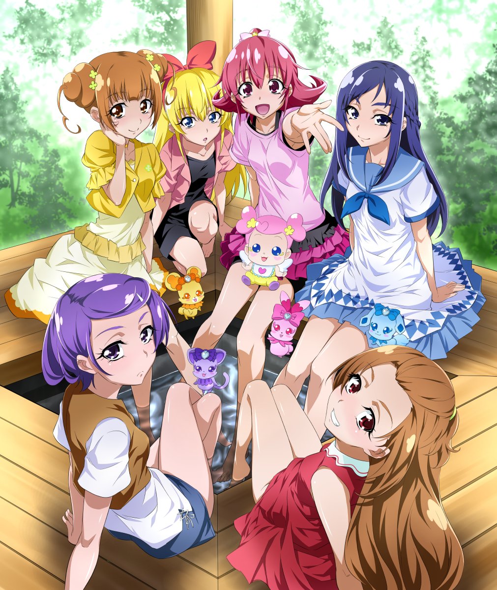6+girls :d ai-chan_(dokidoki!_precure) aida_mana arm_support barefoot blonde_hair blue_dress blue_eyes blue_neckerchief blue_sailor_collar blue_skirt blue_sky blunt_bangs blush bow brown_eyes brown_hair brown_vest casual commentary_request crossed_legs davi_(dokidoki!_precure) day dokidoki!_precure double_bun dress eyelashes from_behind grin hair_bow hair_bun hand_on_own_cheek hand_on_own_face heart_hair_bun highres hishikawa_rikka jacket kenzaki_makoto knee_up layered_clothes leaf long_hair looking_at_viewer looking_back madoka_aguri medium_dress medium_hair miniskirt multiple_girls nakahira_guy neckerchief on_one_knee open_mouth outdoors outstretched_arm outstretched_hand pink_shirt plant precure purple_hair purple_skirt rakeru_(dokidoki!_precure) rance_(dokidoki!_precure) red_bow red_dress red_hair regina_(dokidoki!_precure) sailor_collar sailor_dress sharuru_(dokidoki!_precure) shirt short_dress short_hair short_sleeves sitting skirt sky smile soaking_feet swept_bangs textless_version vest water white_shirt yellow_dress yellow_jacket yotsuba_alice