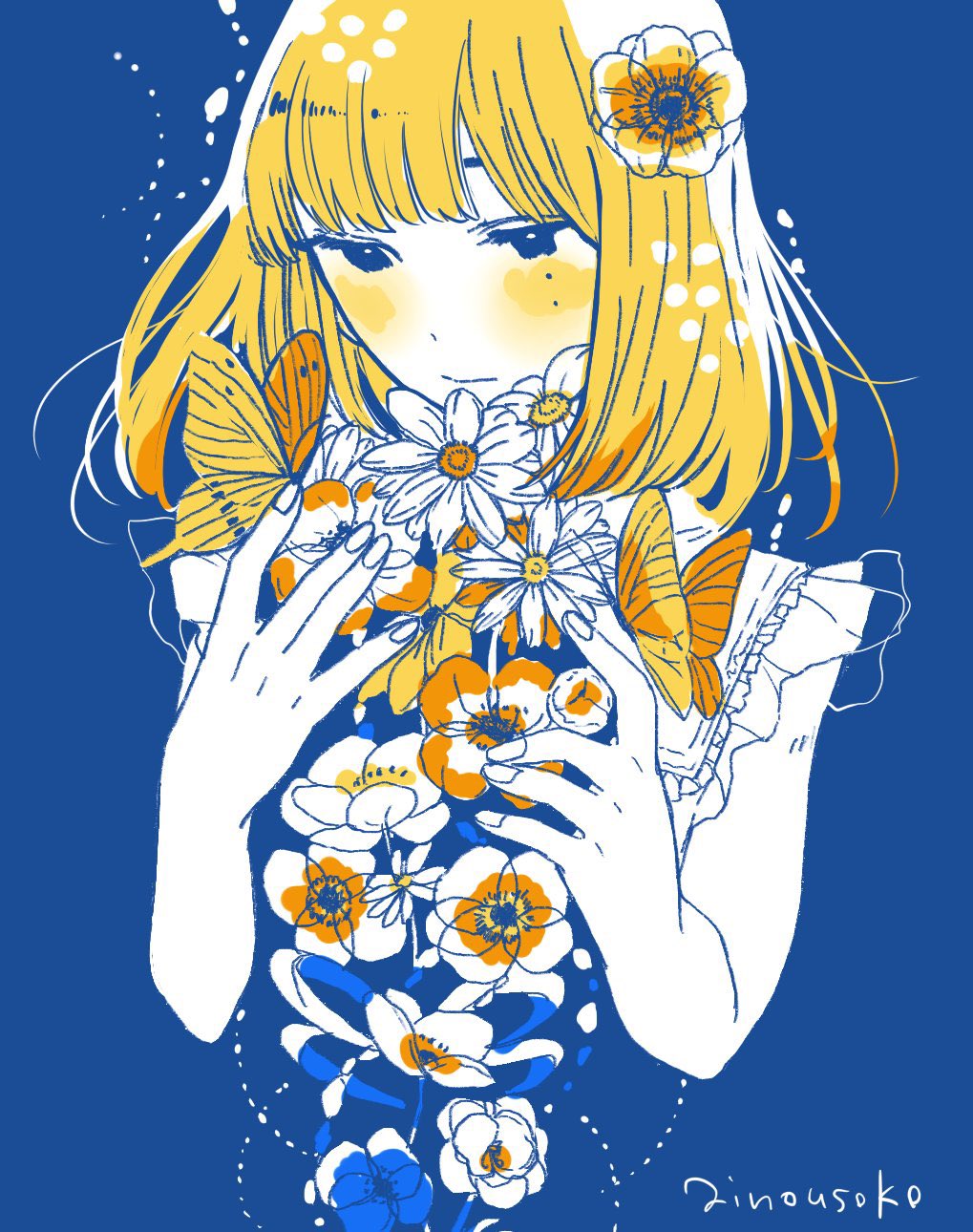 1girl ainousoko artist_name black_eyes blonde_hair blue_background blush bug butterfly butterfly_on_hand closed_mouth commentary_request daisy flat_color flower hair_flower hair_ornament highres insect limited_palette medium_hair mole mole_on_cheek original pansy signature simple_background solo