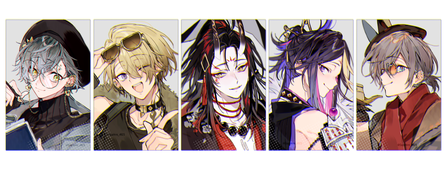 5boys bead_necklace beads black_choker black_gloves black_hair black_sweater blue_eyes book brown_hair choker eyeliner glasses gloves green_eyes hair_ornament hairpin horns ike_eveland ike_eveland_(2nd_costume) jewelry luca_kaneshiro luca_kaneshiro_(2nd_costume) luxiem makeup male_focus multicolored_hair multiple_boys mysta_rias mysta_rias_(2nd_costume) necklace nijisanji nijisanji_en one_eye_closed oni_horns orange-tinted_eyewear pink_hair ponytail purple_eyes purple_hair red_eyeliner red_hair red_scarf round_eyewear sapphire_(nine) scarf shu_yamino shu_yamino_(2nd_costume) smile smoking_pipe streaked_hair sunglasses sweater tinted_eyewear turtleneck turtleneck_sweater virtual_youtuber vox_akuma vox_akuma_(2nd_costume) yellow_eyes