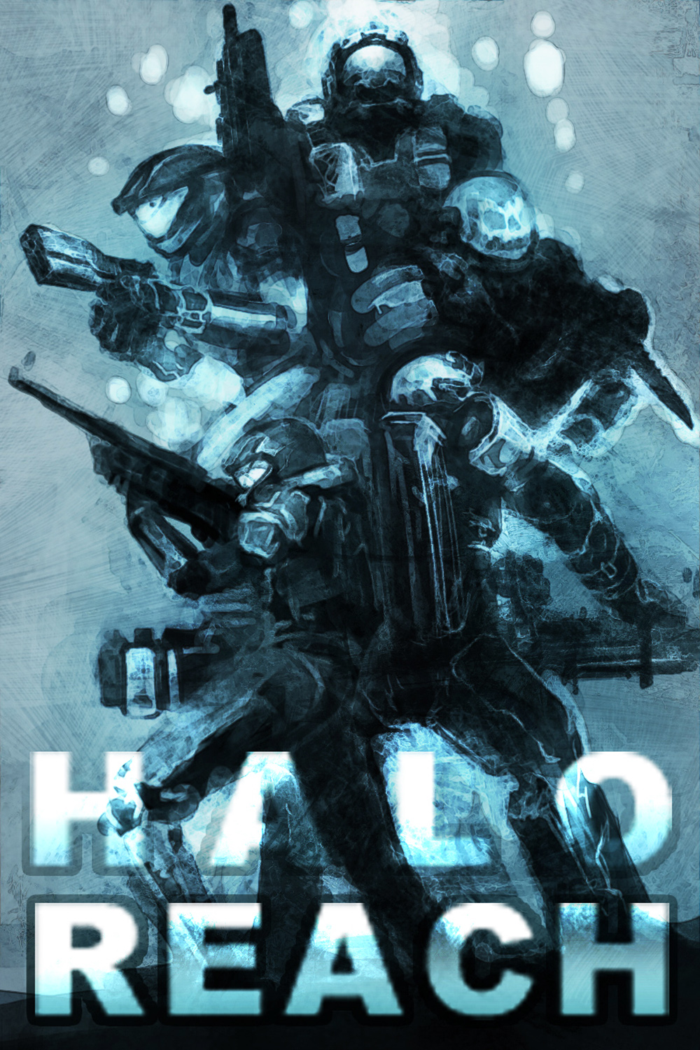 4boys armor assault_rifle blue_theme carter-a259 catherine-b320 emile-a239 gun halo:_reach halo_(game) halo_(series) helmet highres illustica_phantom jorge-052 jun-a266 knife machine_gun male_focus monochrome multiple_boys power_armor rifle sniper_rifle spartan spartan-b312 spartan_(halo) weapon