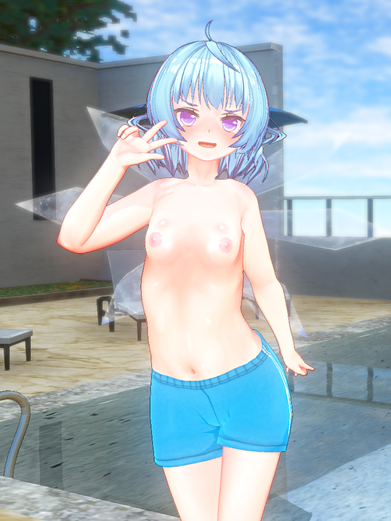 1girl 3d ahoge artist_request blue_hair blue_male_swimwear blue_sky blue_swim_trunks blush breasts character_request cirno crossdressing day fairy fairy_wings female_focus looking_at_viewer male_swimwear male_swimwear_challenge nipples outdoors purple_eyes sky small_breasts solo source_request standing swim_trunks swimsuit tagme topless_female touhou v wings