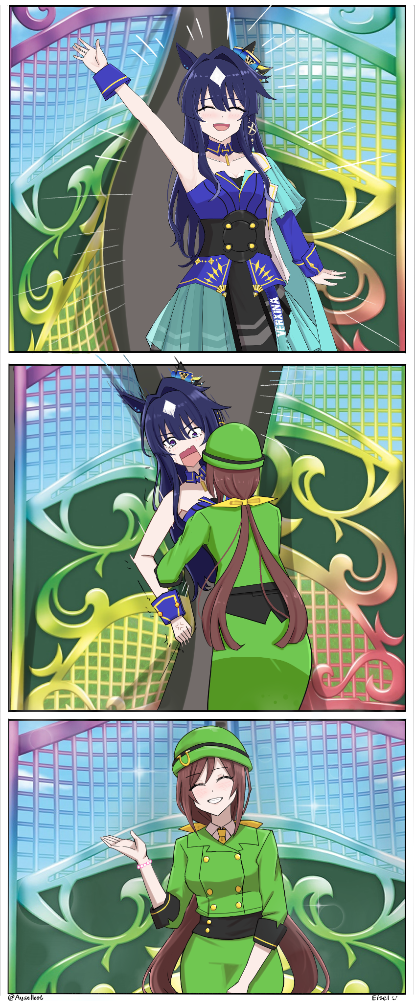 2girls animal_ears arm_up armpits aysellost blue_hair blush breasts brown_hair cleavage closed_eyes closed_mouth collarbone commentary_request dark_blue_hair earrings hair_ornament hat hayakawa_tazuna highres horse_ears horse_girl horse_tail jewelry medium_breasts mixed-language_commentary multiple_girls open_mouth pushing single_earring tail umamusume verxina_(umamusume)