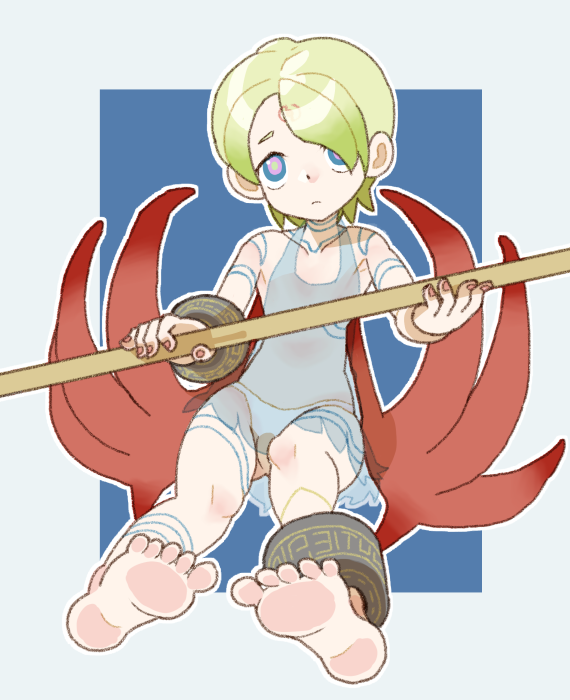 1girl barefoot blue_eyes bracelet breath_of_fire breath_of_fire_v closed_mouth dress facial_mark feet frown full-body_tattoo full_body green_hair hair_over_one_eye holding holding_staff jewelry looking_at_viewer nina_(breath_of_fire_v) panties red_wings see-through_clothes short_hair sicky_(pit-bull) simple_background solo staff tattoo underwear weapon white_dress white_panties wings
