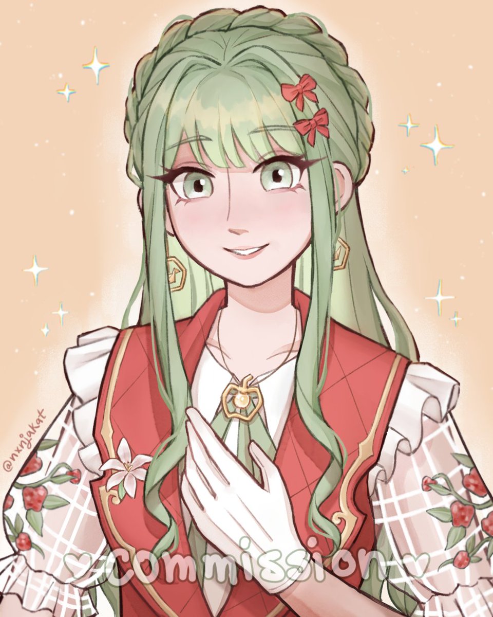 1girl blunt_bangs bow bowtie braid brooch collared_shirt collared_vest commentary commission crown_braid earrings english_commentary eyelashes flower flower_brooch frilled_sleeves frills gloves gold_earrings green_bow green_bowtie green_eyes green_hair hair_bow hair_intakes hand_on_own_chest happy heart highres infinity_nikki jewelry lapels light_blush lily_(flower) lipstick long_hair makeup nikki_(series) nxnjakat open_mouth orange_background origami outline paper_crane pink_lips plaid_clothes plaid_sleeves plant_print puffy_short_sleeves puffy_sleeves red_bow red_vest see-through_clothes see-through_sleeves shirt short_sleeves sidelocks simple_background smile solo sparkle teeth twitter_username upper_body vest watermark wavy_hair white_flower white_gloves white_outline white_shirt