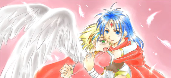 1boy 1girl angel_wings blonde_hair blue_eyes blue_hair breath_of_fire breath_of_fire_i capcom couple feathers green_eyes hetero hug nina_(breath_of_fire_i) nino_(nino_imo) ryu_(breath_of_fire_i) white_wings wings