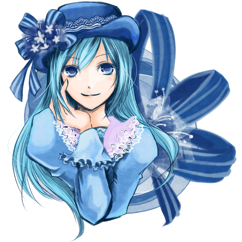 1girl blue_eyes blue_hair female_focus hat lorna mabinogi matching_hair/eyes ribbon smile solo upper_body vbvacancy white_background