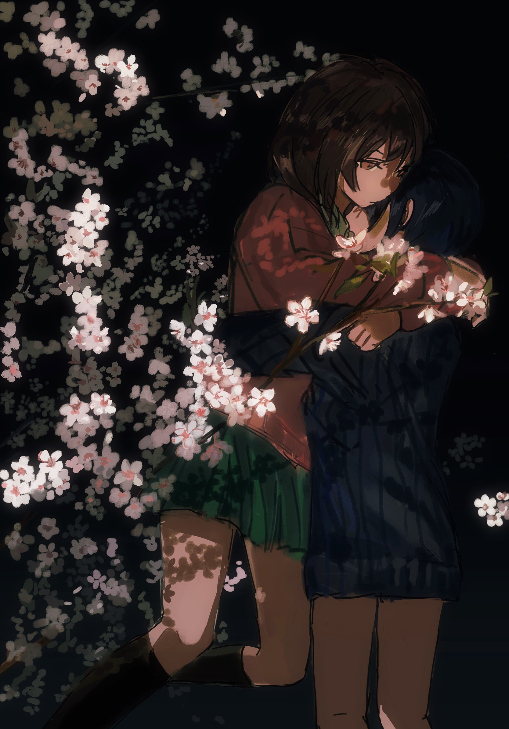 2girls ashashio black_background black_socks blue_sweater brown_eyes brown_hair chinese_commentary closed_mouth commentary_request expressionless feet_out_of_frame field flower flower_field from_side green_skirt highres hug kneehighs kogoori_natsumi long_sleeves looking_at_another lying medium_hair multiple_girls niimura_haruka on_back on_ground pink_sweater ribbed_sweater shigatsu_youka short_hair sideways skirt socks sweater white_flower yuri