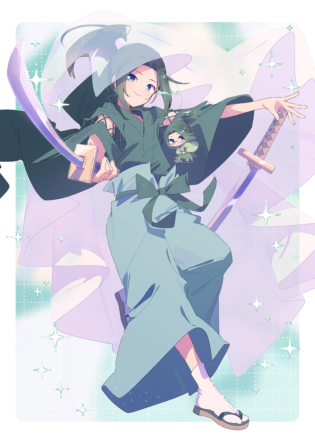 2boys blue_eyes border bow brown_footwear chibi closed_mouth detached_sleeves dual_wielding full_body glasses green_background green_bow green_hair green_hakama green_kimono hakama hakama_pants high_ponytail highres holding holding_sword holding_weapon japanese_clothes jinbei_(clothes) katana kimono long_hair long_sleeves magical_boy male_focus multiple_boys musashi_(shugo_chara!) outside_border pants ponytail purple_eyes round_eyewear samurai_soul sandals sanjou_kairi see-through_clothes see-through_veil serizawa_serizane short_kimono shugo_chara! smile socks sparkle sword tabi veil waist_bow weapon white_border white_socks white_veil wide_sleeves zouri