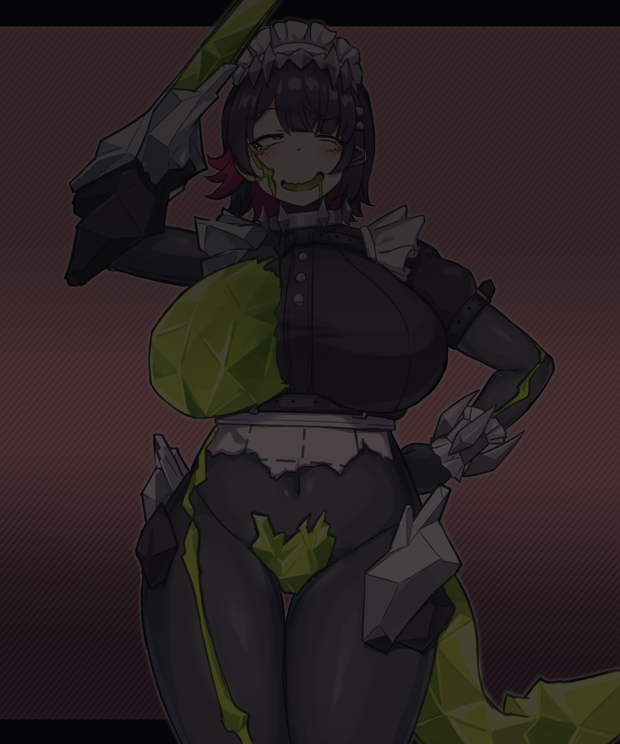 1girl absurdres black_hair body_modification breasts colored_inner_hair corruption crystal_sword drooling ellen_joe ethereal_(zenless_zone_zero) fins fish_tail frilled_wristband hair_ornament hairband half-closed_eyes herutsuheimuu highres large_breasts looking_at_viewer looking_up maid_headdress metal_hairband mind_control mole mole_under_eye multicolored_hair one_breast_out open_mouth red_eyes red_hair salute shark_girl shark_tail short_hair smile solo spiked_headband sword tail torn_clothes two-tone_hair weapon zenless_zone_zero