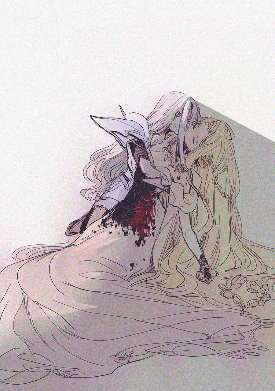 021_5_and_f09 2girls absurdly_long_hair aurora_(fate) blonde_hair blood blood_on_clothes blood_on_face blood_on_hands breasts cleavage closed_eyes commentary_request curly_hair dress expressionless face-to-face fate/grand_order fate_(series) full_body highres hug implied_kiss injury korean_commentary long_dress long_hair melusine_(fate) melusine_(first_ascension)_(fate) multiple_girls off-shoulder_dress off_shoulder shadow sidelocks simple_background sketch spoilers very_long_hair white_background white_dress white_hair yuri