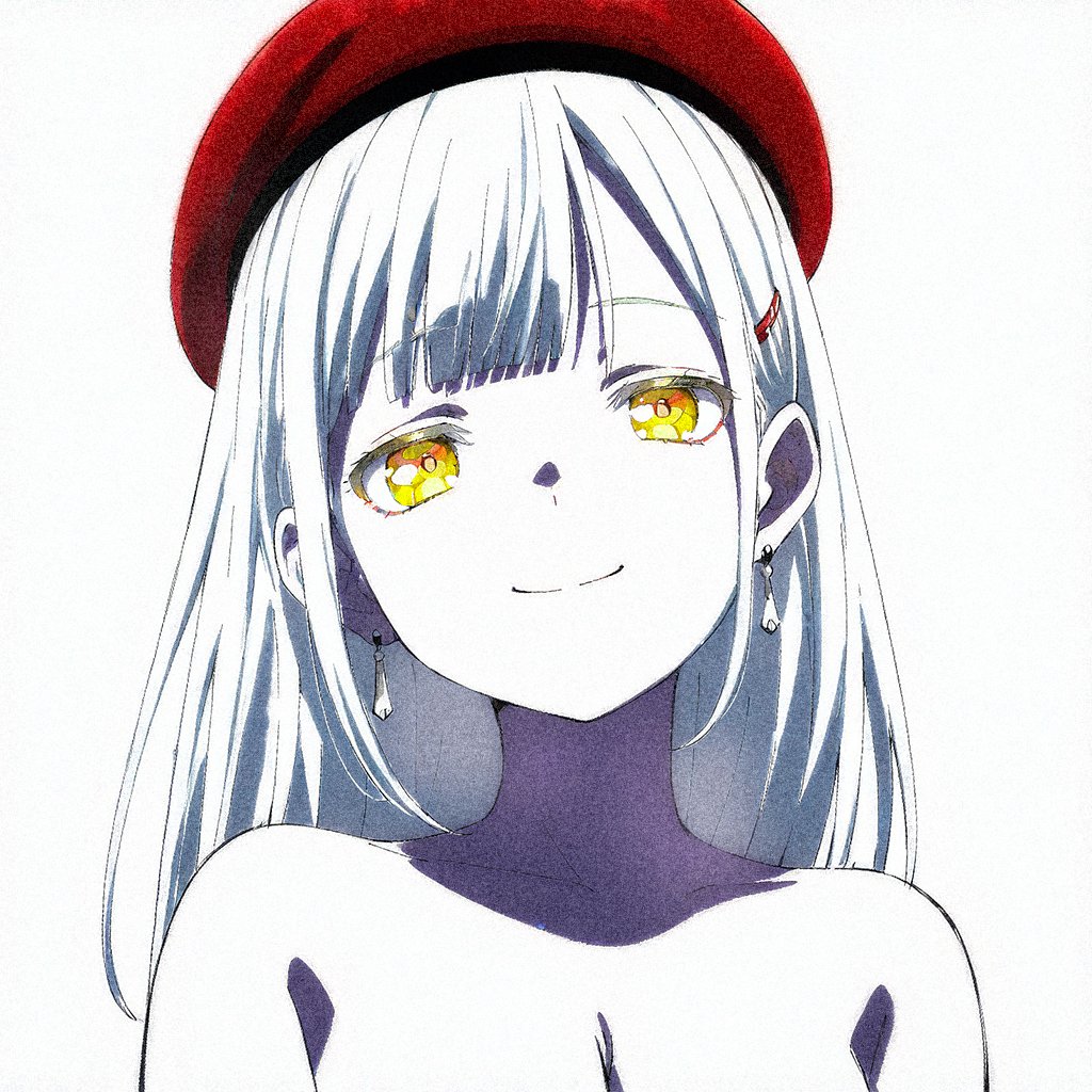 1girl bang_dream! bang_dream!_it&#039;s_mygo!!!!! beret breasts cleavage clelo678 earrings hat jewelry long_hair looking_at_viewer mortis_(bang_dream!) mortis_(persona)_(bang_dream!) nude partially_colored portrait red_hat simple_background smile solo wakaba_mutsumi white_background yellow_eyes