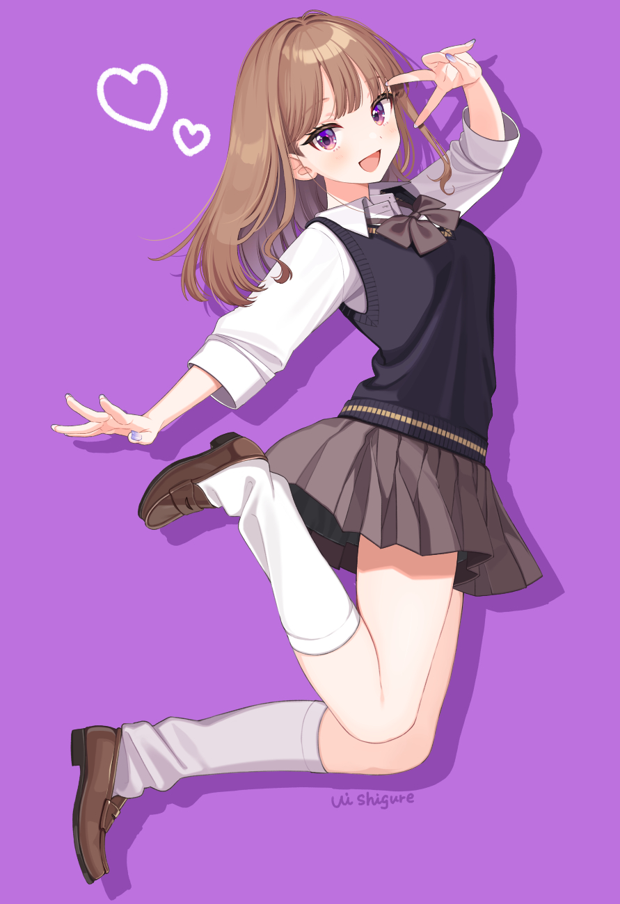 1girl :d black_sweater_vest bow bowtie brown_hair brown_shoes collared_shirt dress_shirt full_body grey_bow grey_bowtie grey_skirt hand_up heart highres kneehighs loafers long_hair long_sleeves looking_at_viewer loose_socks miniskirt nail_polish open_mouth original pleated_skirt purple_background purple_eyes purple_nails school_uniform shadow shigure_ui shirt shoes simple_background skirt smile socks solo sweater_vest three-quarter_sleeves v v_over_eye white_shirt white_socks