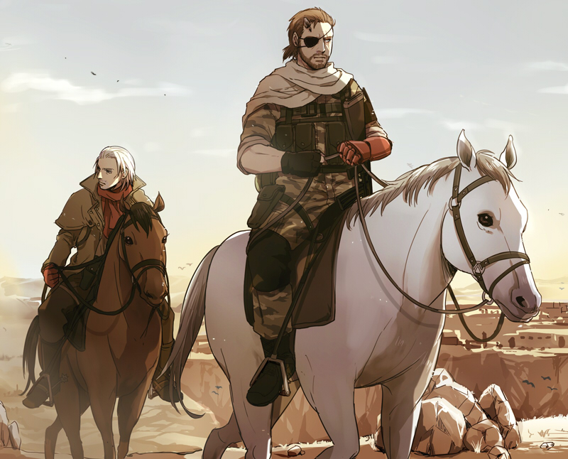 2boys 50yen_(gojiue) afghanistan assault_rifle big_boss bird boots camouflage cowboy_boots desert eyepatch gun holster horns horse injury load_bearing_vest mechanical_arms metal_gear_(series) metal_gear_solid_v:_the_phantom_pain military military_uniform multiple_boys naked_snake revolver_ocelot riding rifle scarf serious single_horn single_mechanical_arm spoilers venom_snake weapon