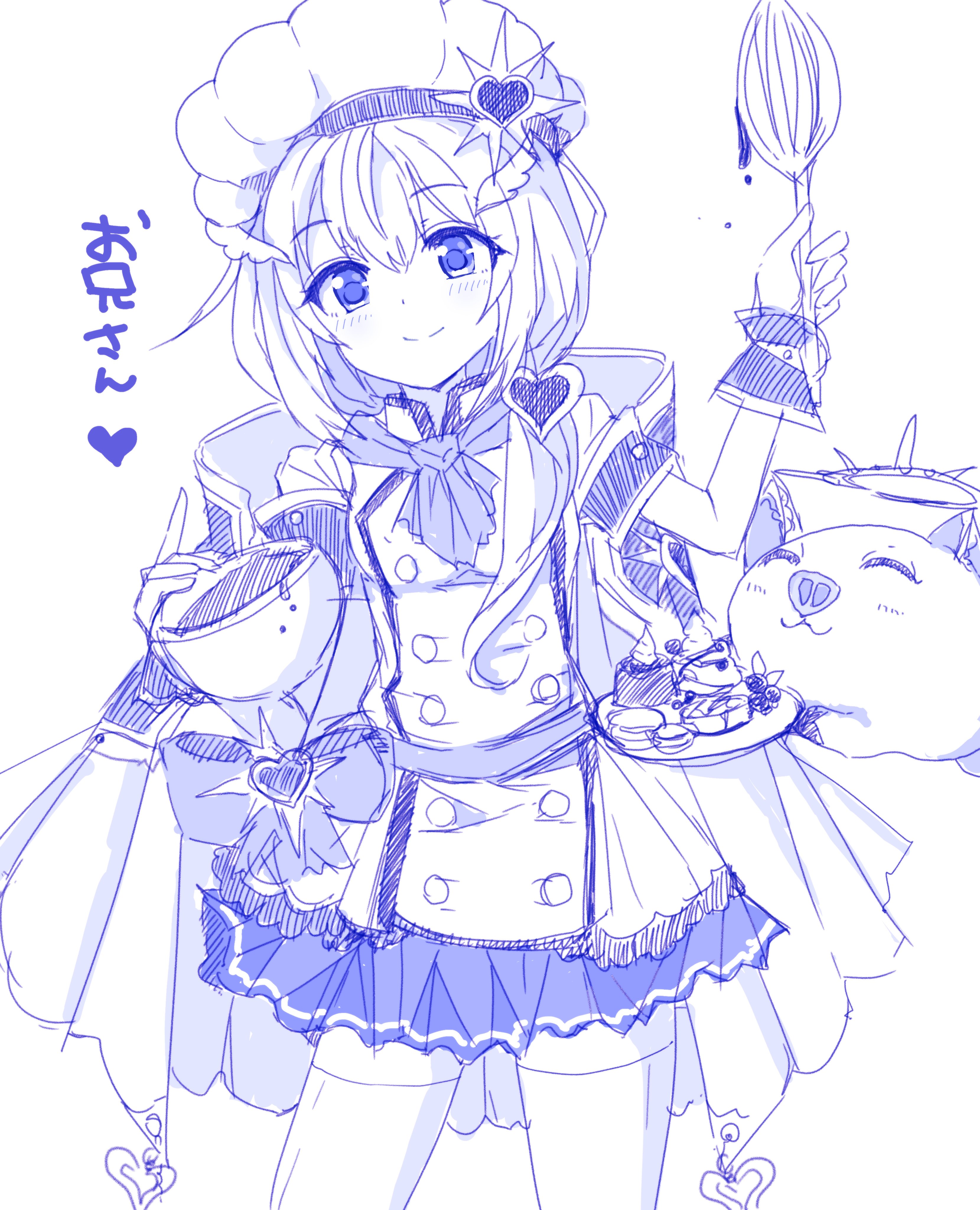 1girl absurdres blue_theme blush bowl buttons chocolate_making clear_(princess_connect!) closed_mouth cosplay cowboy_shot detached_sleeves double-breasted hat heart highres holding holding_bowl holding_whisk jacket looking_at_viewer low_side_ponytail miniskirt mixing_bowl monochrome neckerchief pig pleated_skirt princess_connect! shizuru_(princess_connect!) shizuru_(princess_connect!)_(cosplay) shizuru_(valentines)_(princess_connect!) short-sleeved_jacket short_sleeves simple_background skirt smile solo split_mouth thighhighs translation_request whisk white_background yamada_(hvcij) zettai_ryouiki