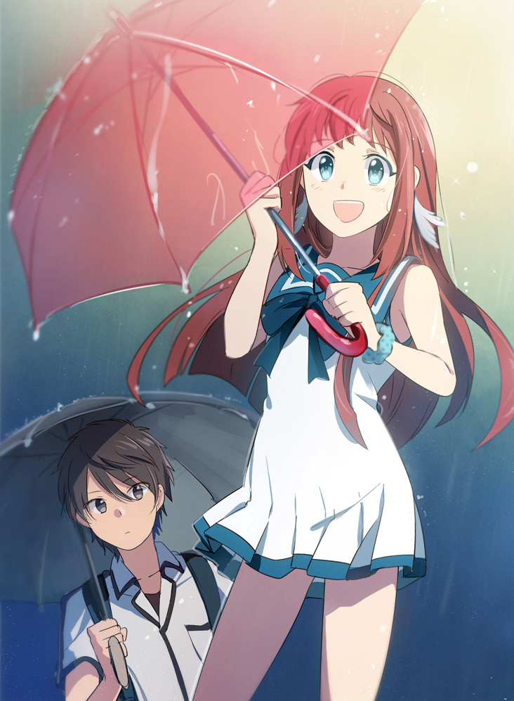 1boy 1girl :d aki_(neyuki41028) black_umbrella blue_background blue_eyes blue_sailor_collar blush brown_eyes brown_hair collarbone collared_shirt dress dress_shirt feather_hair_ornament feathers floating_hair gradient_background hair_ornament holding holding_umbrella kihara_tsumugu long_hair mukaido_manaka nagi_no_asukara open_mouth pleated_dress red_umbrella sailor_collar sailor_dress shirt short_dress sleeveless sleeveless_dress smile transparent transparent_umbrella umbrella very_long_hair white_background white_dress white_feathers white_shirt wing_collar
