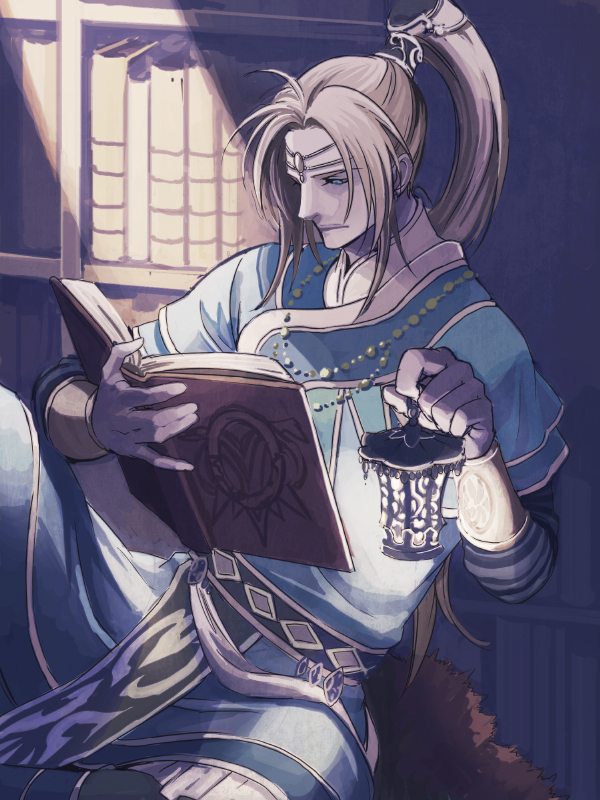 1boy bad_id bad_pixiv_id blue_(saga_frontier) blue_eyes book bookshelf hair_ornament indoors jewelry lantern male_focus necklace open_book ponytail reading saga saga_frontier scarf unworn_scarf sitting solo square_enix yuzukarin