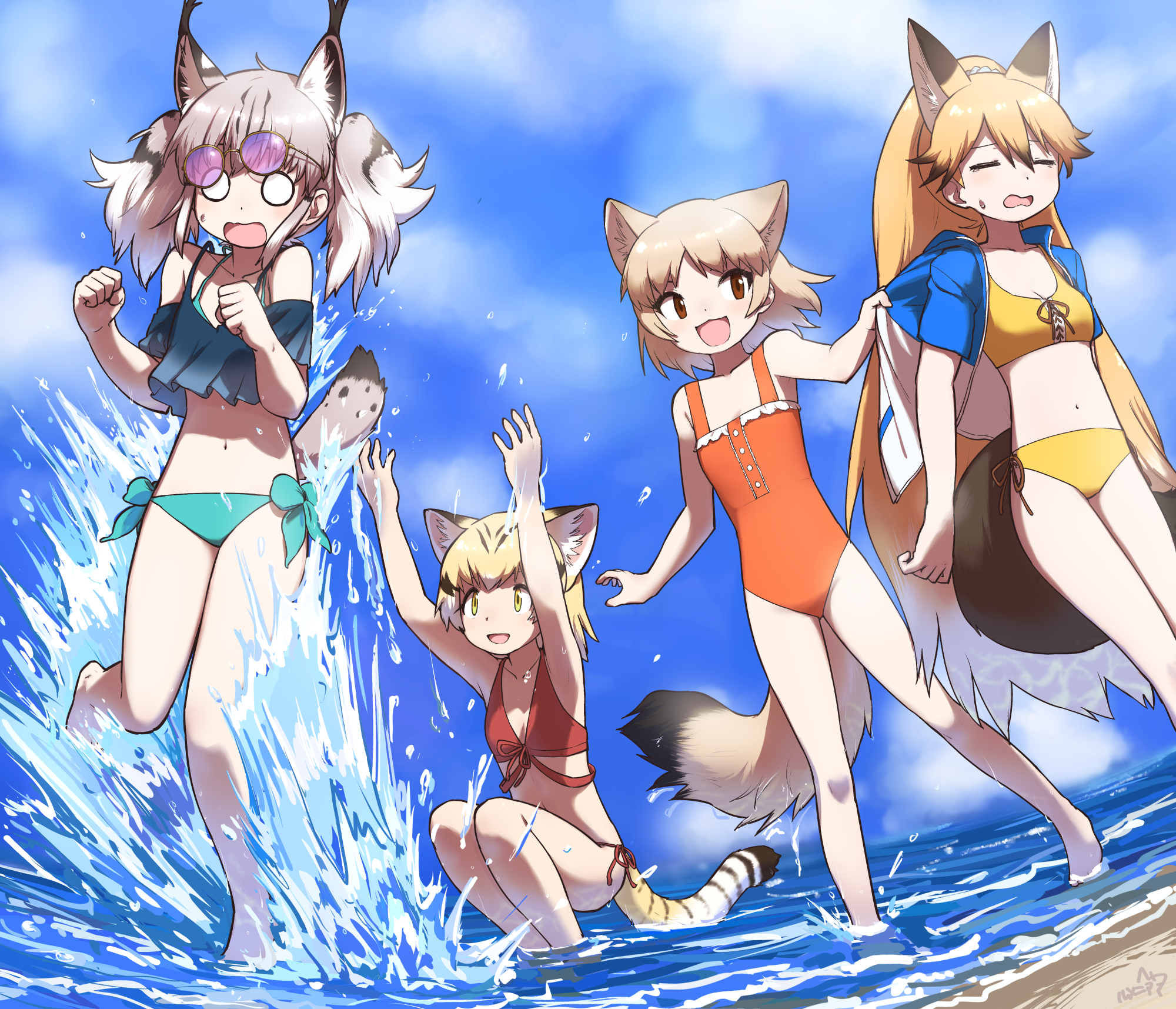 alternate_costume animal_ears bare_arms bare_legs bare_shoulders barefoot beach bikini blue_bikini blue_sweater bow bow_bikini brown_hair cat_ears cat_girl cat_tail closed_eyes eurasian_lynx_(kemono_friends) ezo_red_fox_(kemono_friends) fox_ears fox_girl fox_tail frilled_bikini frills grey_hair hair_between_eyes highres jacket kemono_friends long_hair midriff multicolored_hair navel one-piece_swimsuit open_clothes open_jacket open_mouth orange_bikini orange_eyes orange_hair orange_one-piece_swimsuit pale_fox_(kemono_friends) ponytail rumenia_(ao2is) sand_cat_(kemono_friends) shirt_tug short_hair sidelocks spaghetti_strap splashing squatting sunglasses sweater swimsuit tail twintails two-tone_sweater wavy_mouth white_hair white_sweater yellow_bikini yellow_eyes