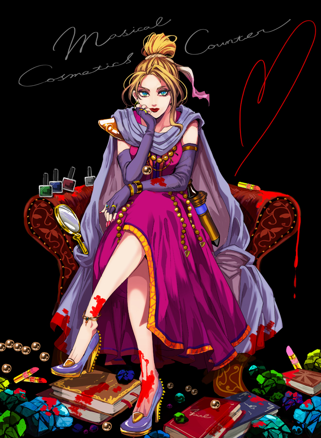 1girl anklet blonde_hair blood blue_eyes book calill_(fire_emblem) cape cosmetics earrings fingerless_gloves fire_emblem fire_emblem:_path_of_radiance gloves hair_bun hand_mirror high_heels jewelry lipstick lipstick_tube makeup mirror nail_polish nail_polish_bottle nintendo red_lips red_nails shoes single_hair_bun tsuko_(25mnts)