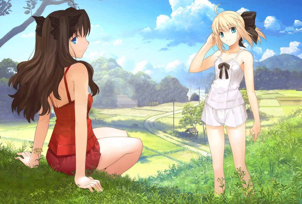 2girls ahoge alternate_costume aqua_eyes artoria_pendragon_(fate) ass back bare_legs bare_shoulders blonde_hair blue_eyes blue_sky bow breasts brown_hair camisole capcom cleavage cloud day fate/stay_night fate/unlimited_codes fate_(series) field grass hair_bow hair_ribbon hand_in_own_hair hill house long_hair long_legs looking_at_viewer looking_back medium_breasts multiple_girls outdoors ponytail power_lines profile ribbon rural saber_(fate) saber_(summer_memory)_(fate) saber_lily scenery shadow short_shorts shorts sideways_mouth sitting sky small_breasts standing takeuchi_takashi tohsaka_rin tree twintails two_side_up utility_pole well