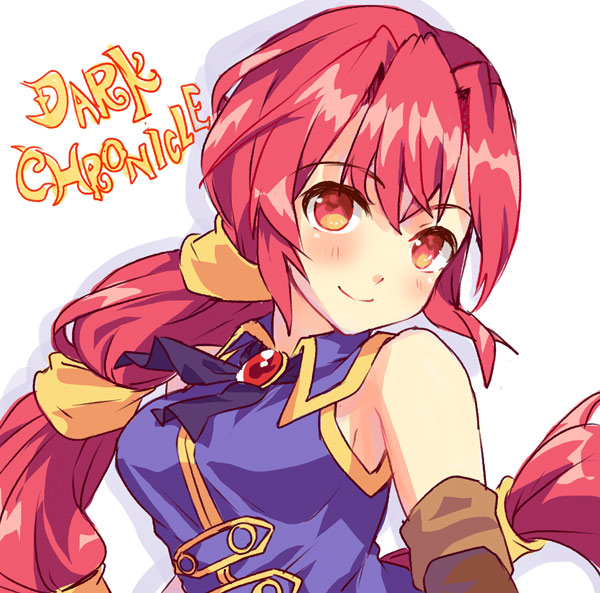 1girl blush brown_eyes closed_mouth dark_chronicle long_hair looking_at_viewer monica_(dark_chronicle) multi-tied_hair ponytail red_hair simple_background smile solo unigon_(kitsutsuki) very_long_hair white_background