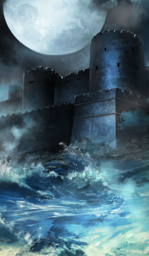 black_sky blue_theme castle cloud cloudy_sky commentary fate/grand_order fate_(series) full_moon lasengle moon night no_humans ocean official_art sky still_life third-party_source waves