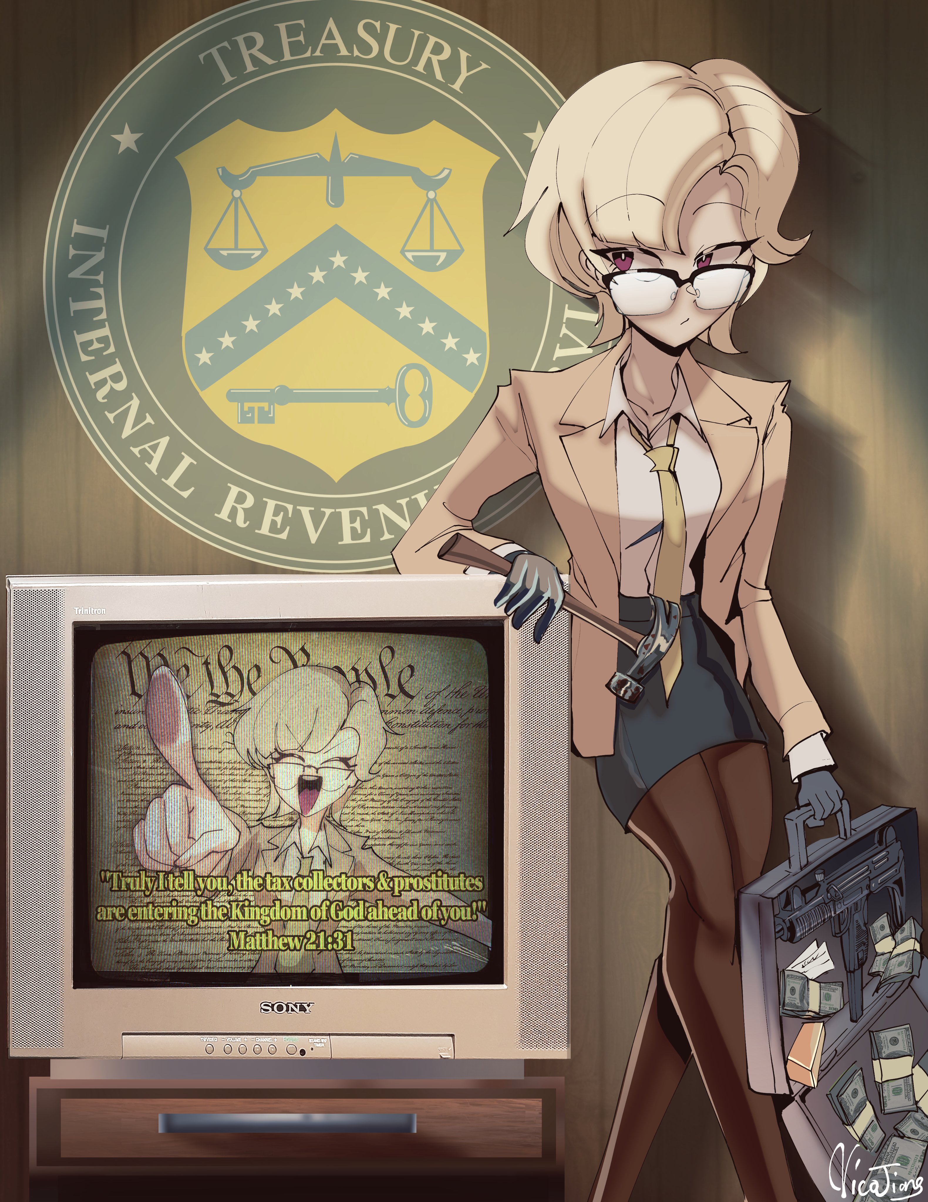 1girl absurdres blonde_hair briefcase crt glasses gun hammer highres internal_revenue_service irs nico_jiang office_lady pantyhose red_eyes self-upload semi-rimless_eyewear submachine_gun uzi we_love_cold_war weapon