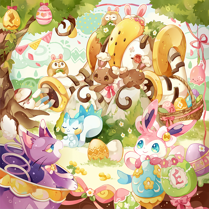 basket blue_eyes blush bow buneary closed_eyes closed_mouth coco7 commentary egg elbow_carry flower foongus gen_4_pokemon gen_5_pokemon gen_6_pokemon gen_7_pokemon glameow grass holding holding_basket legendary_pokemon moss nintendo no_humans pachirisu pokemon pokemon_(creature) regigigas ribbon rowlet smile sylveon symbol-only_commentary toes tree white_flower