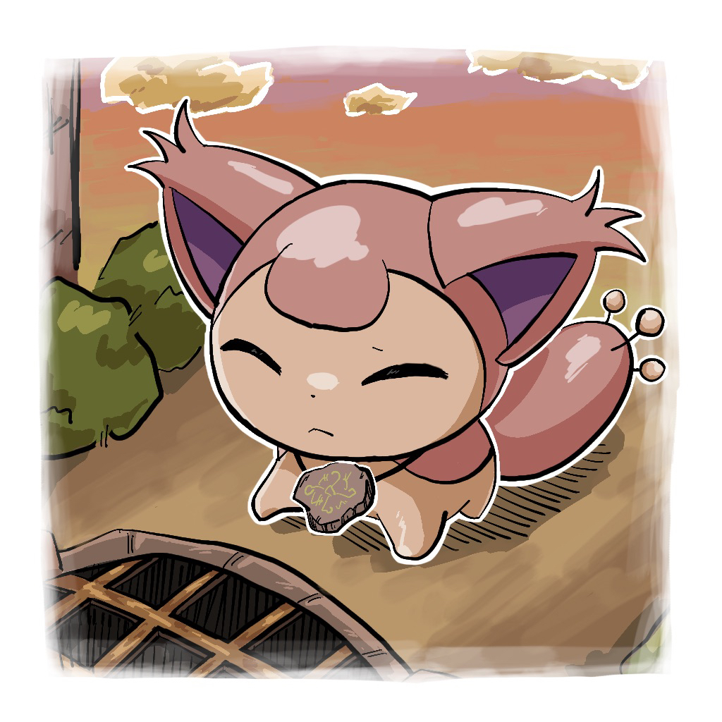 animal_focus border bush cat closed_eyes commentary frown gen_3_pokemon jewelry kitten necklace nintendo no_humans o_o_(pixiv_91006494) outdoors pokemon pokemon_(creature) pokemon_mystery_dungeon pokemon_mystery_dungeon:_explorers_of_time/darkness/sky rock skitty solo tail white_border