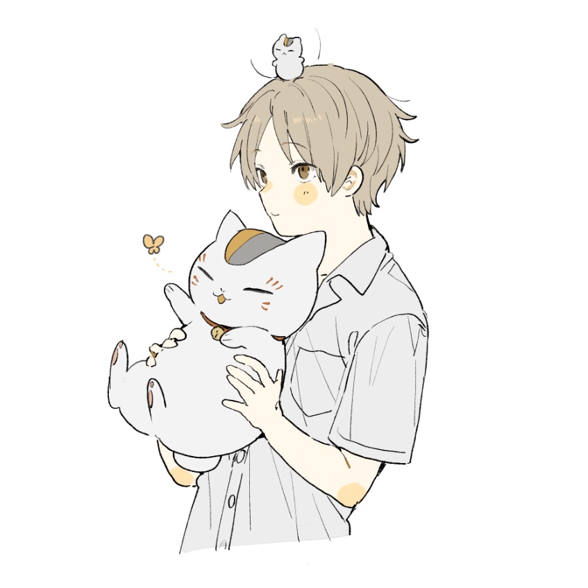 1boy animal blush breast_pocket brown_eyes brown_hair bug butterfly cat closed_eyes collared_shirt commentary_request cropped_torso dress_shirt hanami_(mimi_01281218) holding holding_animal holding_cat insect looking_ahead male_focus multicolored_cat natsume_takashi natsume_yuujinchou nyanko-sensei on_head open_mouth parted_bangs paw_up pocket shirt short_sleeves simple_background white_background wing_collar