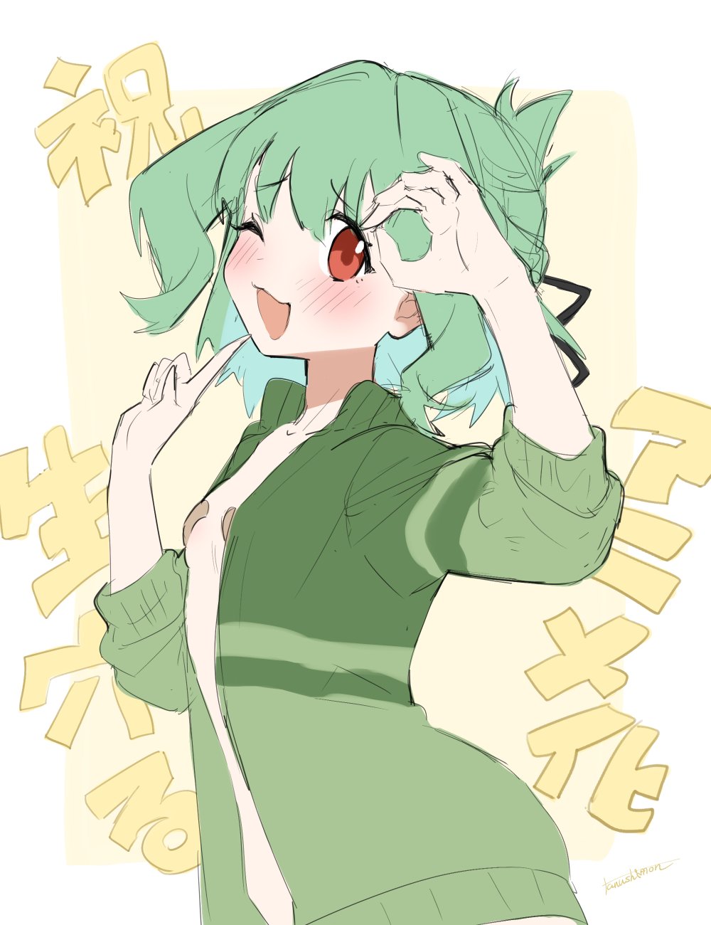 1boy ;d bandaid bandaids_on_nipples blush commentary green_hair green_jacket hair_between_eyes hand_up highres index_finger_raised jacket looking_at_viewer male_focus naked_jacket one_eye_closed open_mouth otori_tan pasties pointing pointing_at_self ponkichi_(hazama_senkonmeiraku) red_eyes seitokai_ni_mo_ana_wa_aru! simple_background smile solo trap upper_body