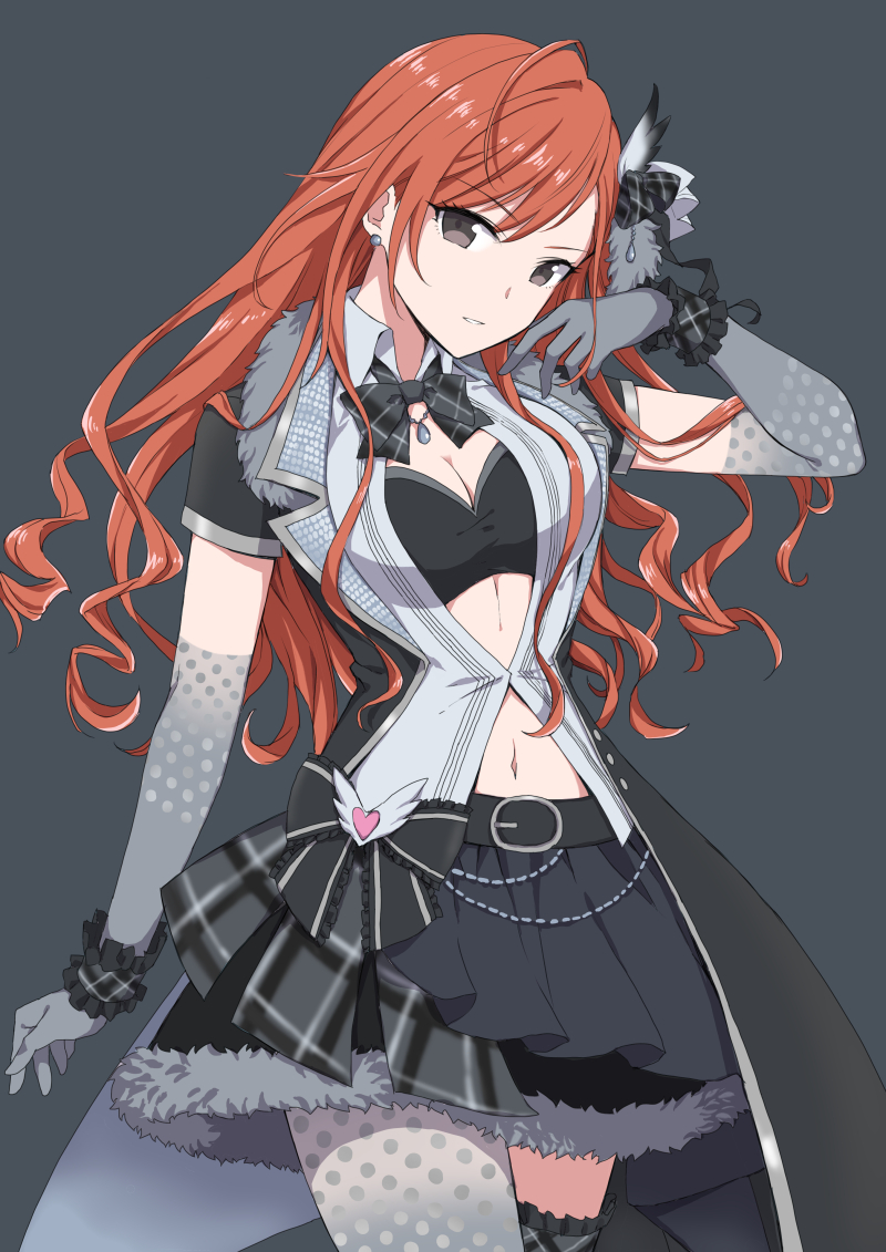1girl ahoge arisugawa_natsuha asymmetrical_legwear belt bikini bikini_top_only bikini_under_clothes black_belt black_bikini black_bow black_bowtie black_jacket black_ribbon black_scrunchie black_skirt blush bow bowtie breasts brown_eyes cleavage closed_mouth cowboy_shot elbow_gloves feather_hair_ornament feathers fur-trimmed_jacket fur-trimmed_skirt fur_trim gloves grey_background grey_gloves grey_pantyhose hair_ornament hair_ribbon hand_up idolmaster idolmaster_shiny_colors jacket jewelry kamekoya_sato large_breasts layered_skirt long_hair looking_at_viewer midriff mismatched_legwear navel necklace orange_hair pantyhose plaid_bow plaid_bowtie plaid_clothes plaid_scrunchie polka_dot_gloves polka_dot_pantyhose ribbon scrunchie short_sleeves simple_background skirt solo standing swept_bangs swimsuit tailcoat thigh_strap wrist_scrunchie