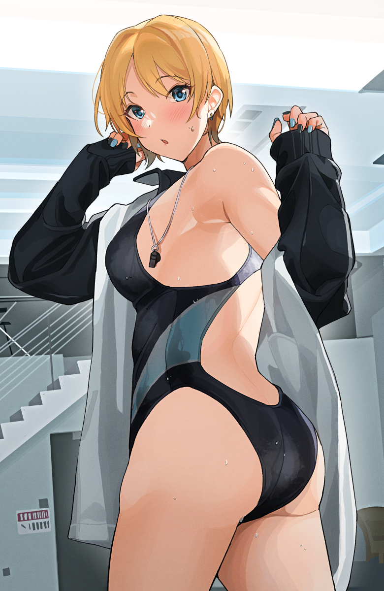 1girl ass black_jacket black_nails black_one-piece_swimsuit blonde_hair blue_eyes blue_nails blue_one-piece_swimsuit blush breasts commentary_request competition_swimsuit cowboy_shot earrings fingernails gal_girlfriend_(tipii) hands_up highres jacket jewelry long_fingernails long_sleeves looking_at_viewer looking_back medium_breasts multicolored_nails nail_polish one-piece_swimsuit open_clothes open_jacket original parted_lips short_hair single_bare_shoulder sleeves_past_wrists solo stairs standing swimsuit tipii towel track_jacket twisted_torso two-tone_swimsuit wet whistle whistle_around_neck