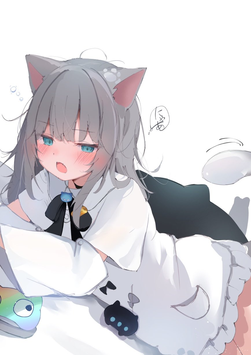 animal_ears blue_eyes blush bow cat-shaped_pillow cat_ears cat_girl cat_tail commentary fang grey_hair hennyano_(nachoneko) highres indie_virtual_youtuber looking_at_viewer mecha_neruko nachoneko open_mouth paw_print shadow simple_background sleep_mask sleepy speech_bubble tail virtual_youtuber