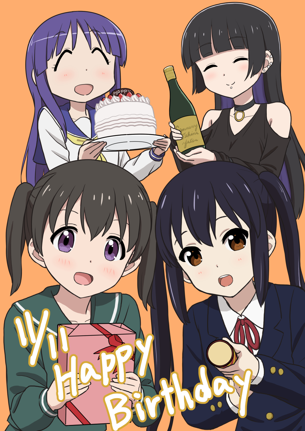 4girls bare_shoulders birthday black_choker black_hair blush bocchi_the_rock! bottle brown_eyes cake choker closed_eyes collarbone crossover dated dot_nose earrings english_text feet_out_of_frame female_focus food gift green_sailor_collar happy_birthday highres hinata_yukari holding holding_food holding_gift holding_party_popper holding_plate jewelry k-on! kuraue_hinata long_hair long_sleeves looking_at_viewer multiple_girls nakano_azusa open_mouth orange_background pa-san party_popper plate purple_eyes purple_hair sailor_collar sakuragaoka_high_school_uniform school_uniform serafuku shirt simple_background smile standing teeth tsukkun twintails wine_bottle yama_no_susume yuyushiki