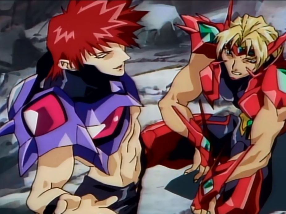 1990s_(style) 2boys armor blonde_hair choujin_gakuen_gowcaizer forehead_protector gowcaizer hellstinger kaiza_isato kash_gyustan multiple_boys navel oobari_masami red_hair retro_artstyle screencap shoulder_armor squatting
