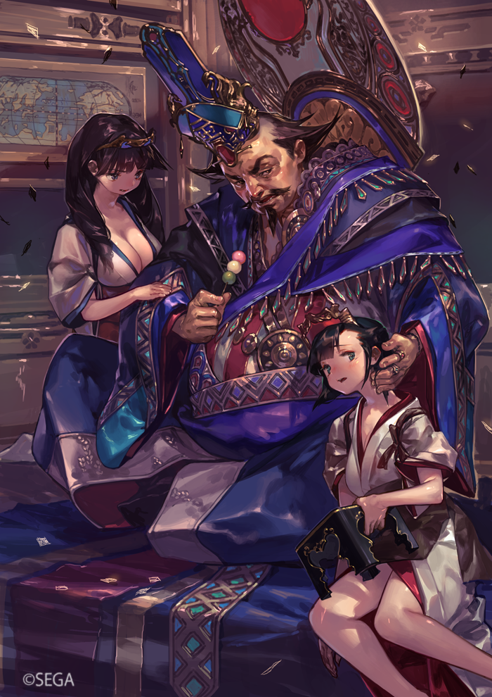 1boy 2girls balding beard breasts brown_hair character_request cleavage copyright_notice dango facial_hair food grimace harem holding japanese_clothes kimono large_breasts multiple_girls mustache official_art sanshoku_dango sengoku_taisen so-taro stool ugly_bastard wagashi white_kimono wide_sleeves