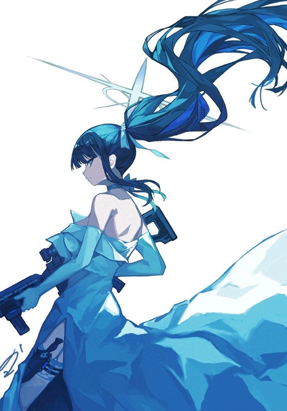1girl blue_archive blue_halo choker colored_inner_hair dress elbow_gloves gloves halo knife_sheath multicolored_hair official_alternate_costume saori_(blue_archive) saori_(dress)_(blue_archive) sheath sig_516 sig_sauer solo sorano_eika strapless strapless_dress thigh_sheath white_choker white_dress white_gloves