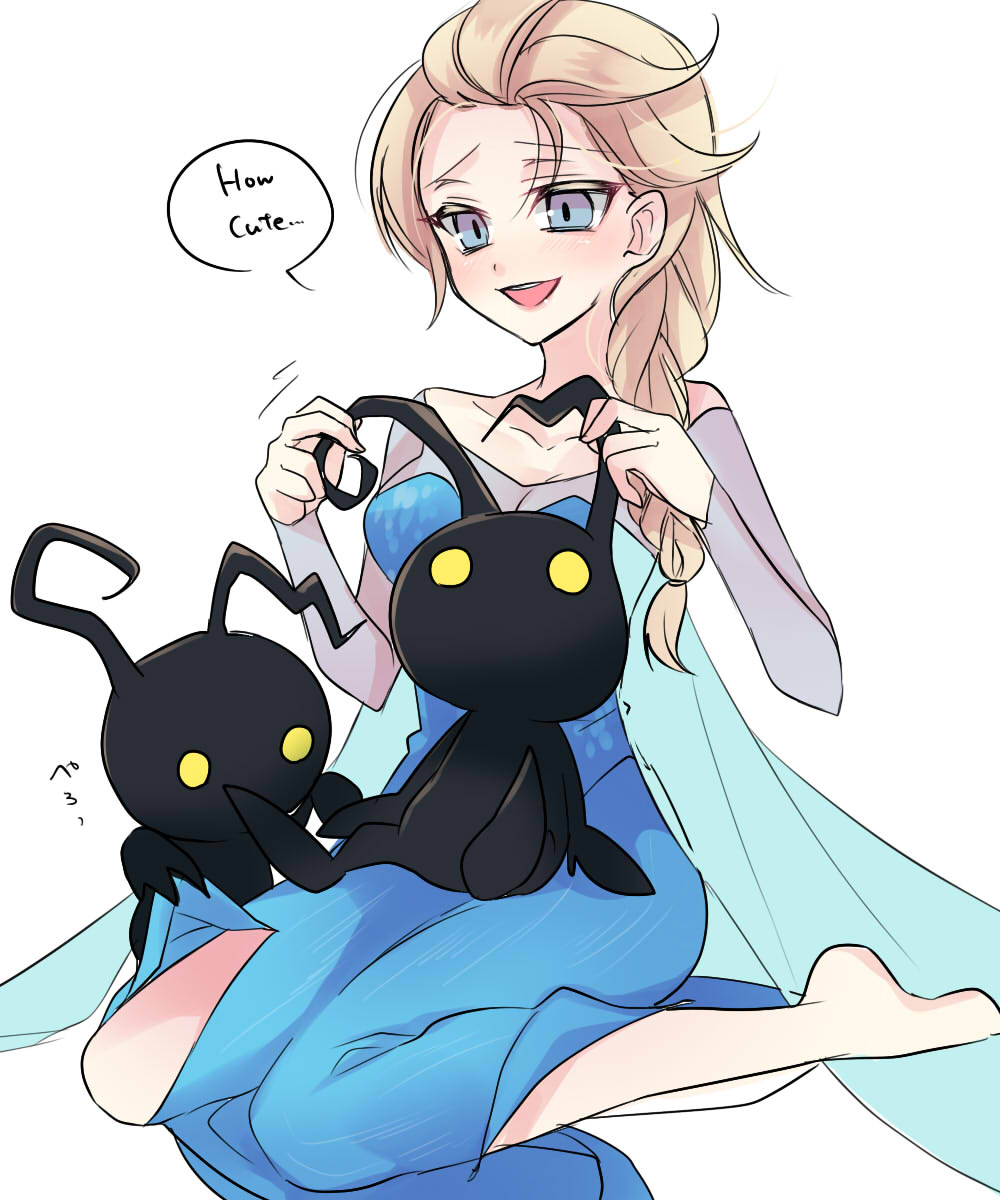 1girl barefoot blonde_hair blue_dress blue_eyes braid cape disney dress elsa_(frozen) english_text frozen_(disney) heartless highres kingdom_hearts kokuchuutei long_hair no_pupils see-through_clothes shadow_(kingdom_hearts) side_slit single_braid sitting sitting_on_lap sitting_on_person wariza yellow_eyes