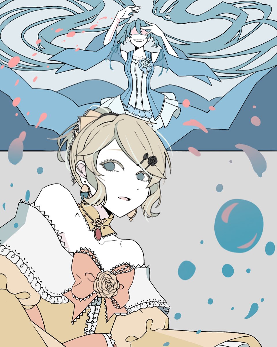 aqua_eyes bare_shoulders blonde_hair blood blood_drip blood_on_arm blue_dress blue_flower blue_rose bow brooch bubble choker clothing_cutout collarbone colored_eyelashes dress dress_bow dress_flower earrings evil_smile evillious_nendaiki floating_hair flower flower_choker frilled_bow frilled_choker frilled_dress frilled_sleeves frills gem grey_background hair_ornament hairclip hatsune_miku high_ponytail highres jewelry kagamine_rin long_hair looking_to_the_side margarita_blankenheim master_of_the_heavenly_yard_(vocaloid) off-shoulder_dress off_shoulder open_mouth orange_bow pale_skin pink_blood poison ponytail puffy_sleeves red_gemstone riliane_lucifen_d&#039;autriche rose self-harm shaded_face shoulder_cutout sidelocks smile sorn_somnang surprised swept_bangs transmutation twintails updo very_long_hair vocaloid white_flower white_rose wide_sleeves wrist_cutting yellow_bow yellow_choker yellow_flower yellow_rose