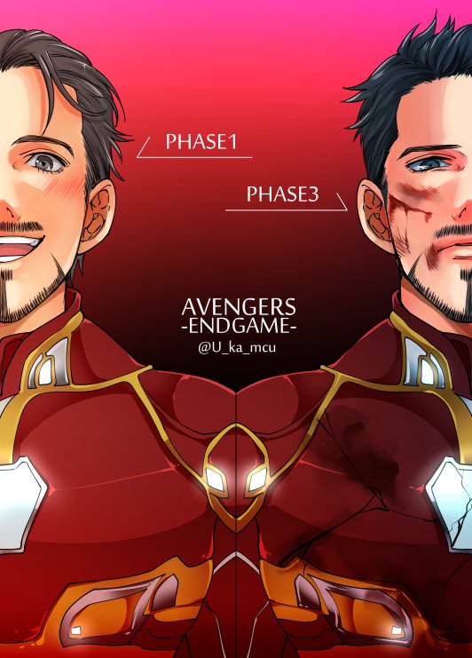 1boy arc_reactor armor artist_name avengers:_endgame avengers_(series) black_eyes black_hair blood blood_on_face closed_mouth commentary_request copyright_name dual_persona english_text facial_hair gradient_background injury iron_man looking_at_viewer marvel marvel_cinematic_universe open_mouth power_armor red_armor red_background short_hair simple_background smile superhero_costume teeth the_avengers_(2012) tony_stark u-ka_(fukei) upper_body