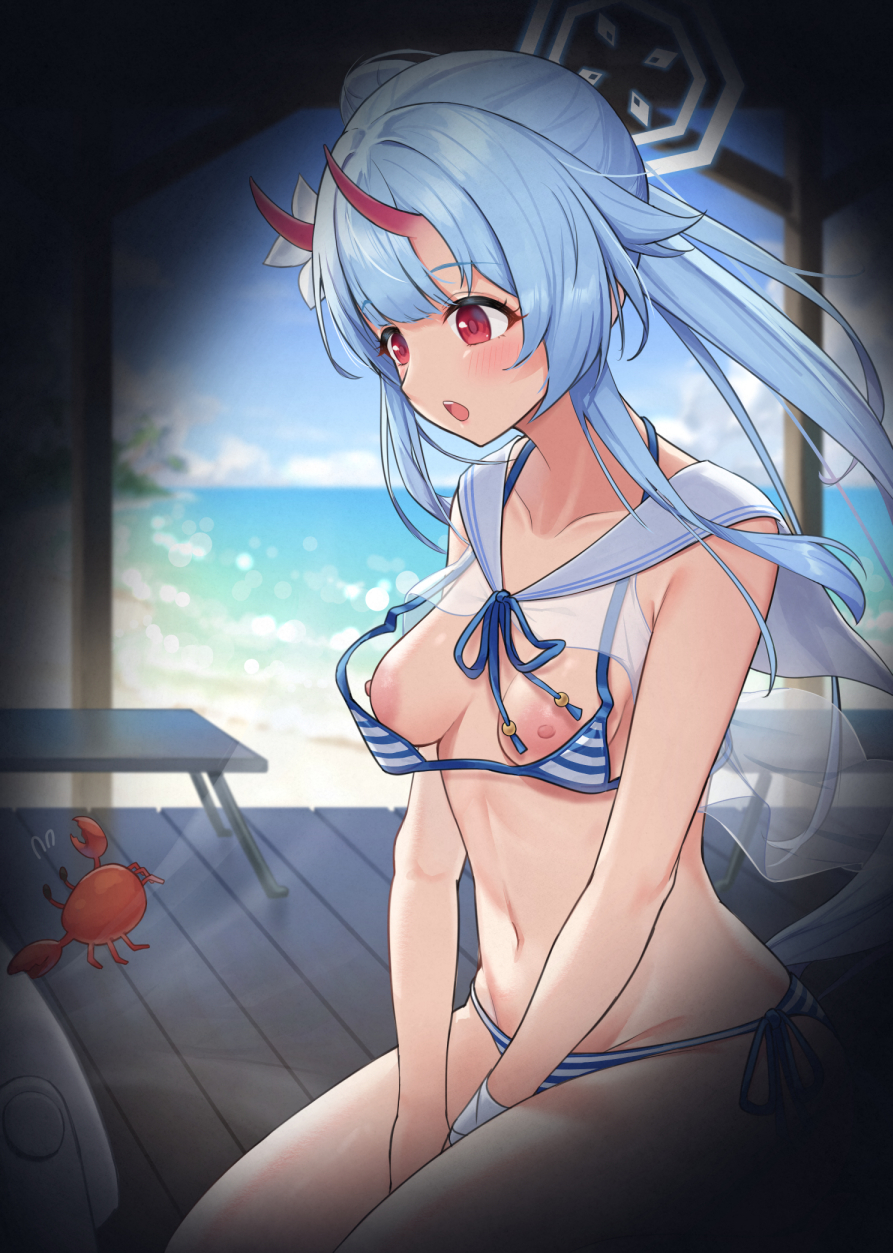 1girl bare_arms beach between_legs bikini blue_archive blue_hair blue_sky blurry blush breasts chise_(blue_archive) chise_(swimsuit)_(blue_archive) crab day depth_of_field electric_fan from_side gohei_(aoi_yuugure) groin halo halterneck hand_between_legs highres horns indoors long_hair micro_bikini multicolored_bikini navel nipple_slip nipples ocean oni_horns open_mouth ponytail red_eyes sailor_collar see-through_clothes side-tie_bikini_bottom sitting sky small_breasts solo stomach striped_bikini striped_clothes swimsuit table two-tone_bikini vignetting wardrobe_malfunction white_bikini white_sailor_collar wooden_floor