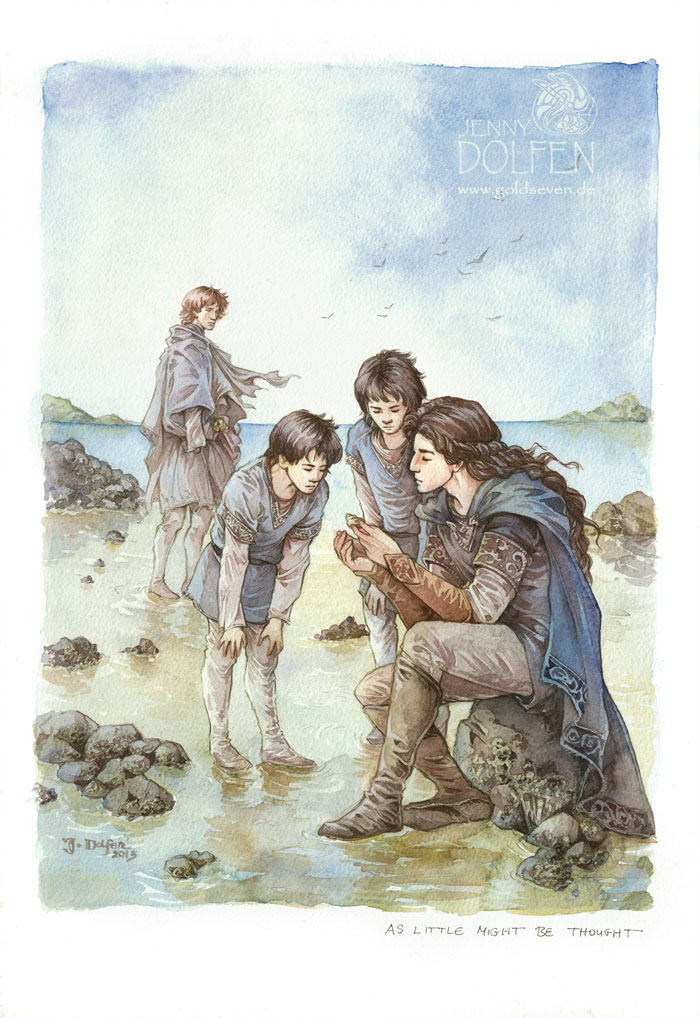 4boys artist_logo barnacle black_hair blue_cape blue_sky blue_tunic boots bracer brothers cape elf elrond elros embroidery gouache_(medium) grey_cape grey_pants holding holding_shell horizon jenny_dolfen layered_sleeves leaning_forward logo long_hair long_sleeves looking_at_another looking_at_object maedhros maglor multiple_boys ocean on_rock painting_(medium) pants pointy_ears red_hair rock shell short_hair short_over_long_sleeves short_sleeves siblings simple_bird sitting sky standing the_silmarillion tolkien&#039;s_legendarium traditional_media tunic wading water watercolor_(medium)