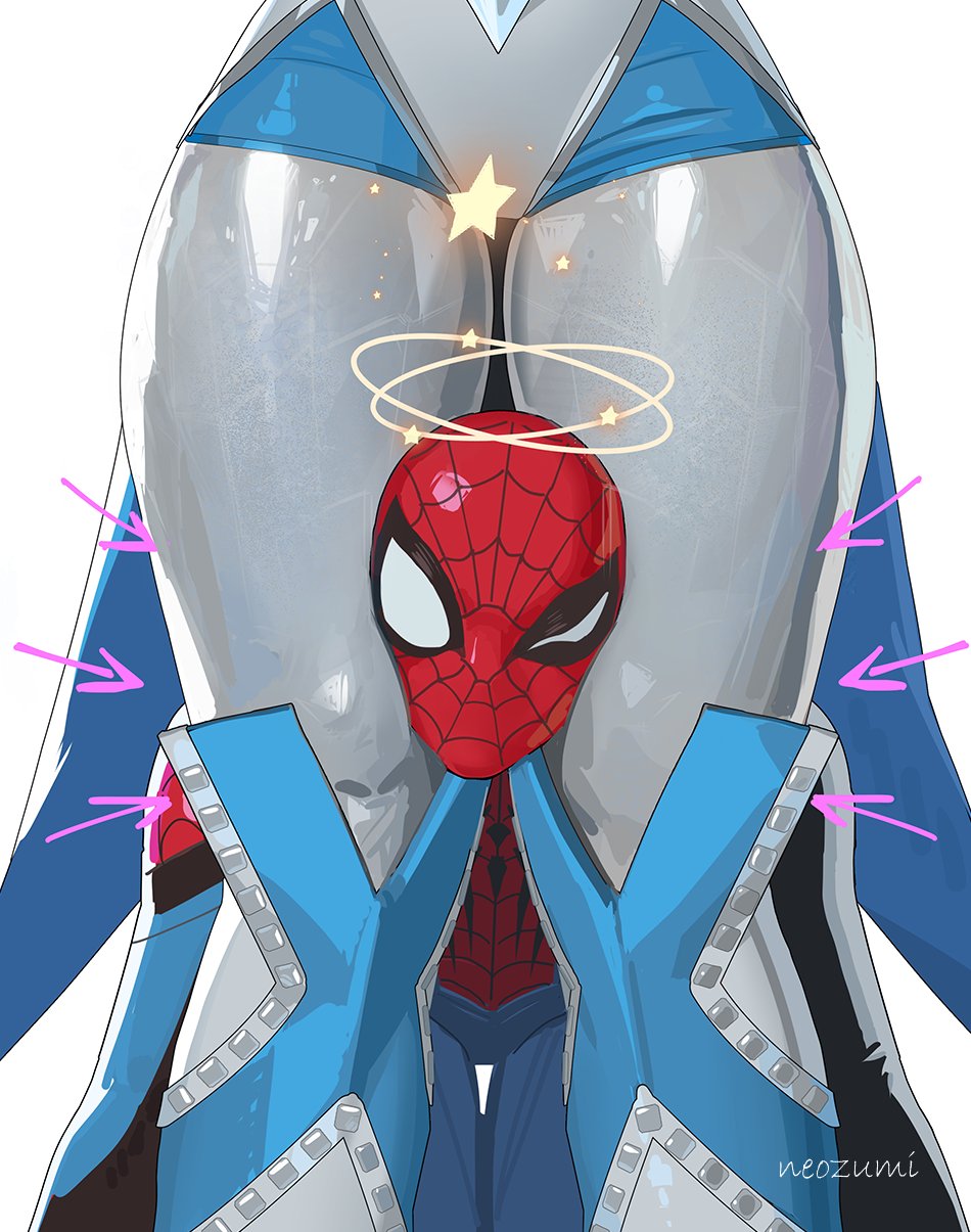 1boy 1girl animal_print blue_bodysuit bodysuit breasts cleavage emma_frost head_between_thighs highres marvel marvel_rivals mask neozumi print_bodysuit red_bodysuit spider-man spider-man_(series) spider_print spider_web_print superhero_costume thighs two-tone_bodysuit x-men