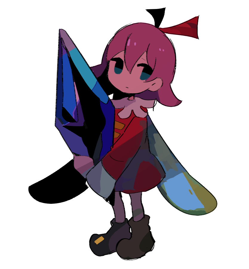 1girl blue_eyes boots crystal dress fairy fairy_wings full_body hair_ribbon kirby_(series) kirby_64 nintendo pink_hair ribbon ribbon_(kirby) short_hair solo soumenhiyamugi standing white_background wings