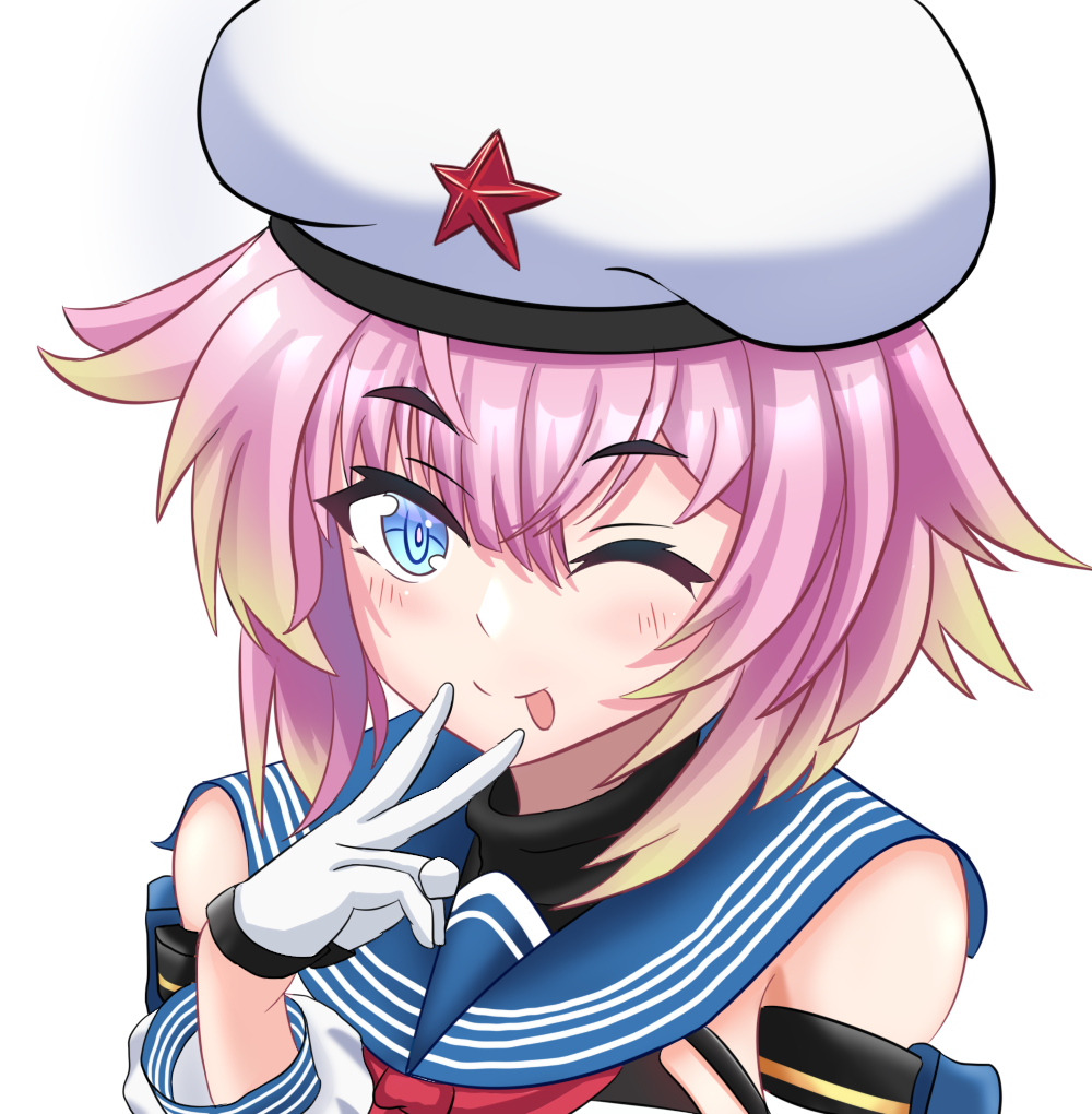 1girl ;p andelie_naidouxi beret blonde_hair blue_eyes colored_tips commentary_request detached_sleeves gloves gradient_hair hair_flaps hat hat_ornament jinan_(warship_girls_r) looking_at_viewer multicolored_hair one_eye_closed pink_hair pink_pupils red_star sailor_collar short_hair simple_background smile solo star_(symbol) star_hat_ornament tongue tongue_out upper_body v warship_girls_r white_background white_gloves