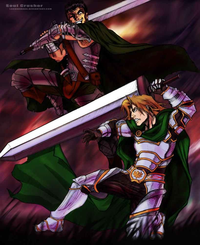 2boys ajrpg armor bandages battle berserk black_armor black_hair blonde_hair brand_of_sacrifice cape crossover cuts dragonslayer_(sword) evil_grin evil_smile fighting frown gauntlets gloves grin guts_(berserk) holding holding_sword holding_weapon huge_weapon injury long_hair male_focus manly multiple_boys namco scar short_hair siegfried_schtauffen smile soul_calibur sword weapon
