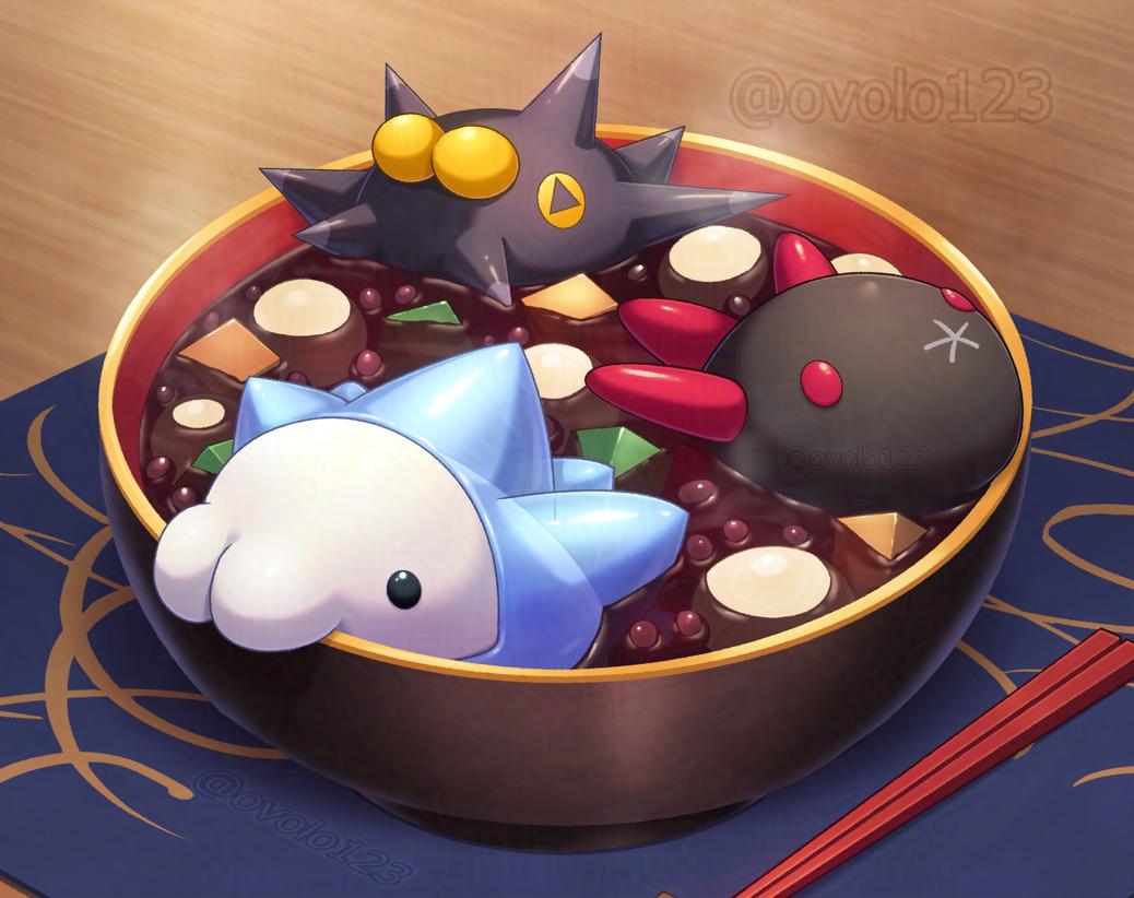 adzuki_bean artist_name chopsticks commentary_request food food_focus gen_7_pokemon gen_8_pokemon in_bowl in_container in_food mochi nintendo no_humans ovolo123 pincurchin pokemon pokemon_(creature) pokemon_focus pyukumuku red_eyes shiruko_(food) snom steam watermark yellow_eyes