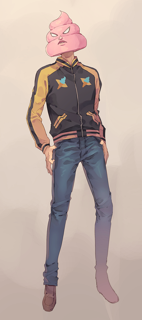 1boy bad_id bad_pixiv_id blank_eyes blue_pants bobobo-bo_bo-bobo brown_shoes denim full_body gradient_background jacket jeans long_sleeves looking_at_viewer male_focus nat_latework pants parted_lips poop shoes softon_(bobobo-bo_bo-bobo) solo standing thumbs_in_pockets