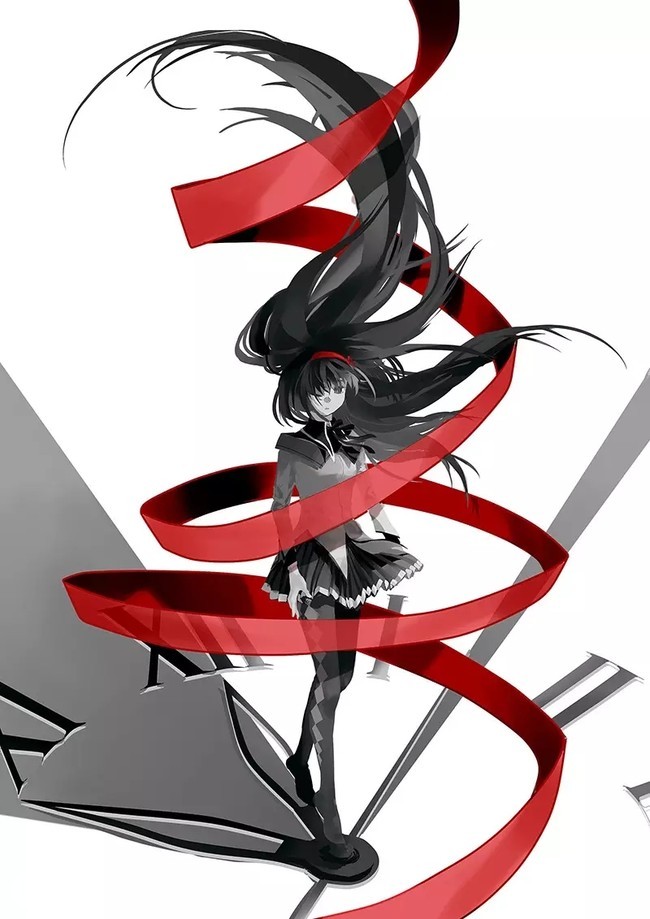 1girl akemi_homura akemi_homura_(magical_girl) analog_clock black_hair clock hairband long_hair long_sleeves looking_at_viewer magical_girl mahou_shoujo_madoka_magica ribbon skirt solo source_request standing white_background
